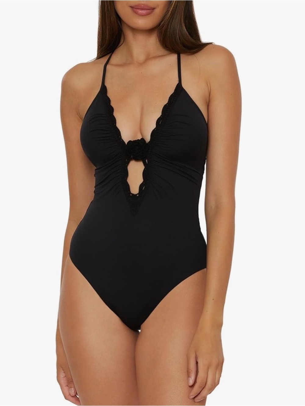 BECCA Colette Clare Crochet Flower Plunge One Piece Swimsuit size M